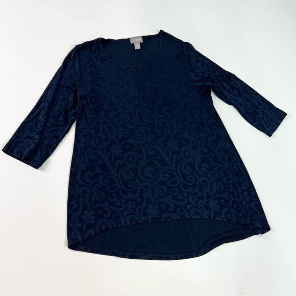 Chico's Travelers Tunic Top Women Medium Indigo Scoop Neck Stretch High Low Hem - Picture 1 of 8